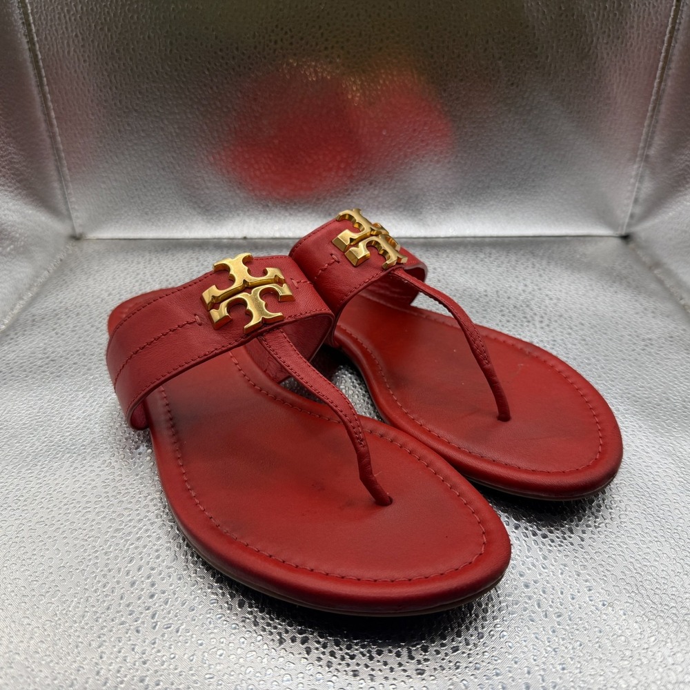 Size 8 Tory Burch Everly Womens Brilliant Red Leather Backless Flat Thong Sandal